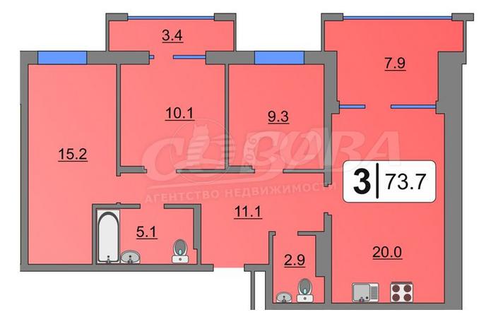 3 комнатная квартира  в районе Тюменская слобода, ул. Обдорская, 1, Жилой комплекс «Клевер парк», г. Тюмень