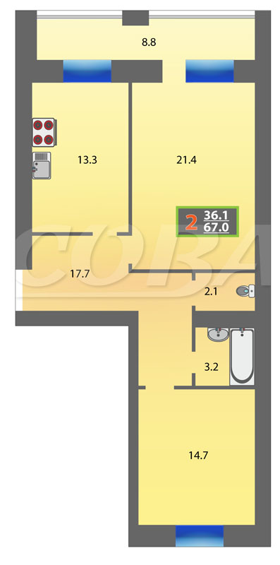 2 комнатная квартира  в районе Суходолье, ул. Линейная, 17, Жилой комплекс «Линейная», г. Тюмень