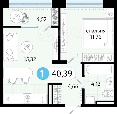 1 комнатная квартира  в новом доме,  в районе Ново-Дударево, ЖК «Квартал На Московском» , д. Дударева