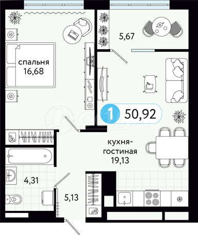 1 комнатная квартира  в новом доме,  в районе Ново-Дударево, ЖК «Квартал На Московском» , д. Дударева