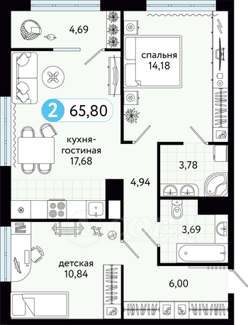 2 комнатная квартира  в новом доме,  в районе Ново-Дударево, ЖК «Квартал На Московском» , д. Дударева