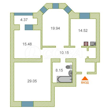 3 комнатная квартира  в районе Дома печати, ул. Циолковского, 7, ЖК «Александровский дворик», г. Тюмень