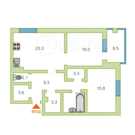 2 комнатная квартира  в районе Центр: Историческая часть, ул. Осипенко, 16, Жилой комплекс «Манхеттен», г. Тюмень